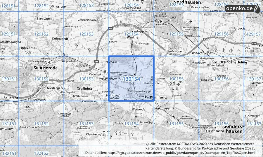 Übersichtskarte des KOSTRA-DWD-2020-Rasterfeldes Nr. 130154