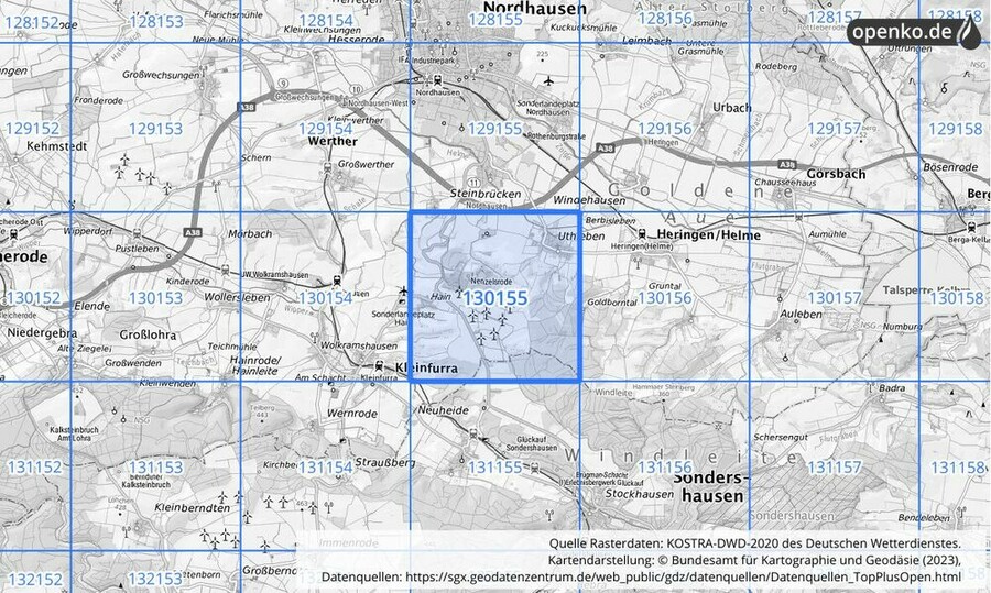 Übersichtskarte des KOSTRA-DWD-2020-Rasterfeldes Nr. 130155