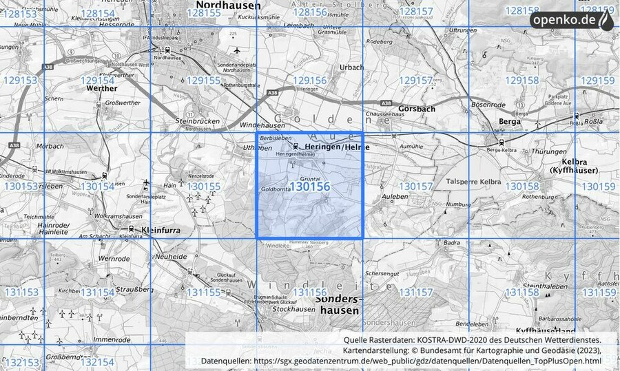 Übersichtskarte des KOSTRA-DWD-2020-Rasterfeldes Nr. 130156