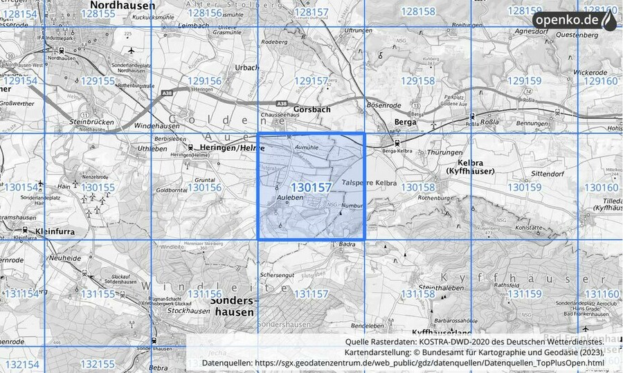 Übersichtskarte des KOSTRA-DWD-2020-Rasterfeldes Nr. 130157