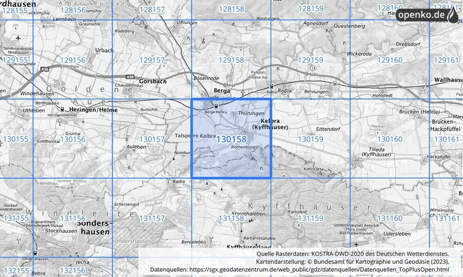 Übersichtskarte des KOSTRA-DWD-2020-Rasterfeldes Nr. 130158