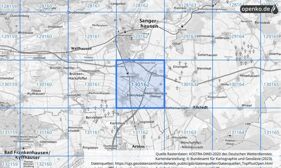 Übersichtskarte des KOSTRA-DWD-2020-Rasterfeldes Nr. 130162