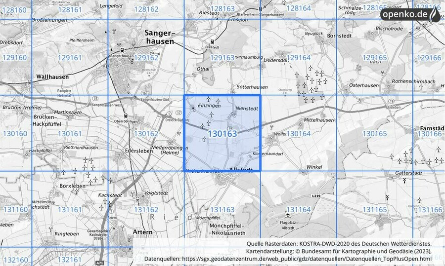 Übersichtskarte des KOSTRA-DWD-2020-Rasterfeldes Nr. 130163