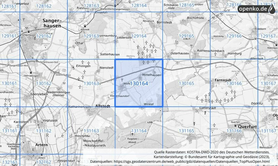 Übersichtskarte des KOSTRA-DWD-2020-Rasterfeldes Nr. 130164