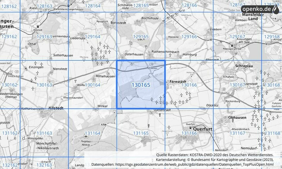 Übersichtskarte des KOSTRA-DWD-2020-Rasterfeldes Nr. 130165