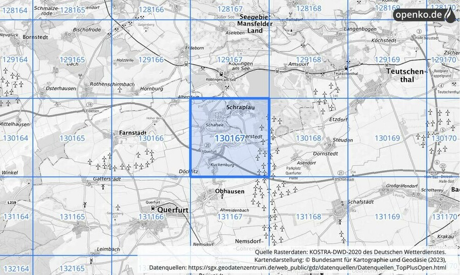 Übersichtskarte des KOSTRA-DWD-2020-Rasterfeldes Nr. 130167