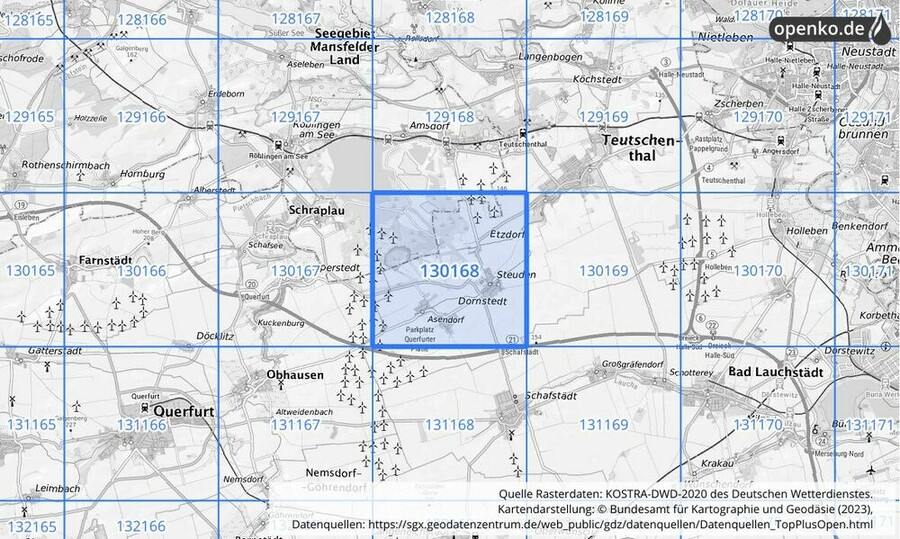 Übersichtskarte des KOSTRA-DWD-2020-Rasterfeldes Nr. 130168