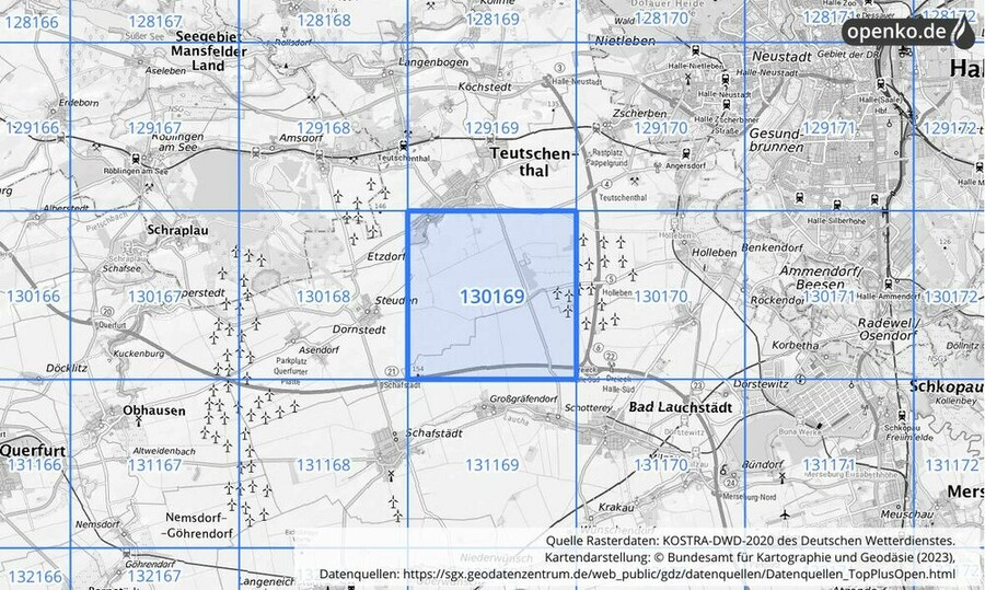 Übersichtskarte des KOSTRA-DWD-2020-Rasterfeldes Nr. 130169