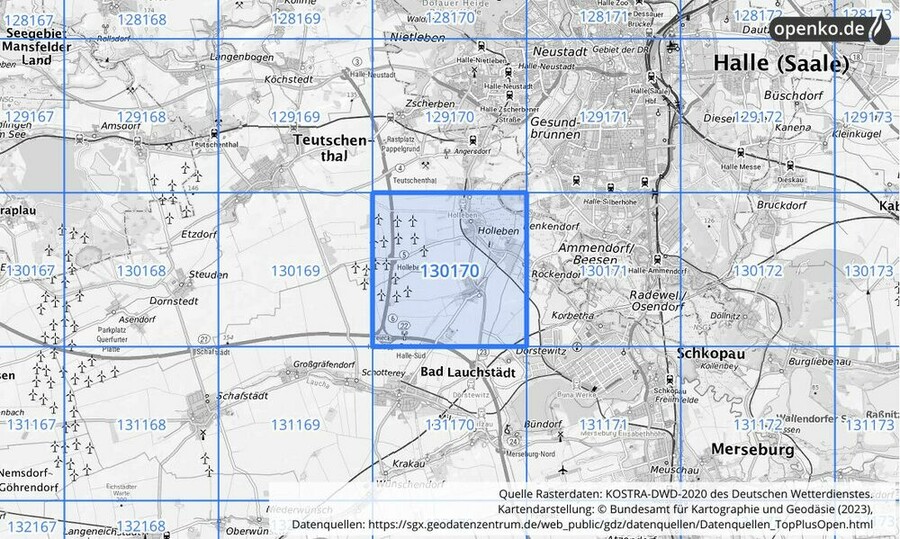 Übersichtskarte des KOSTRA-DWD-2020-Rasterfeldes Nr. 130170