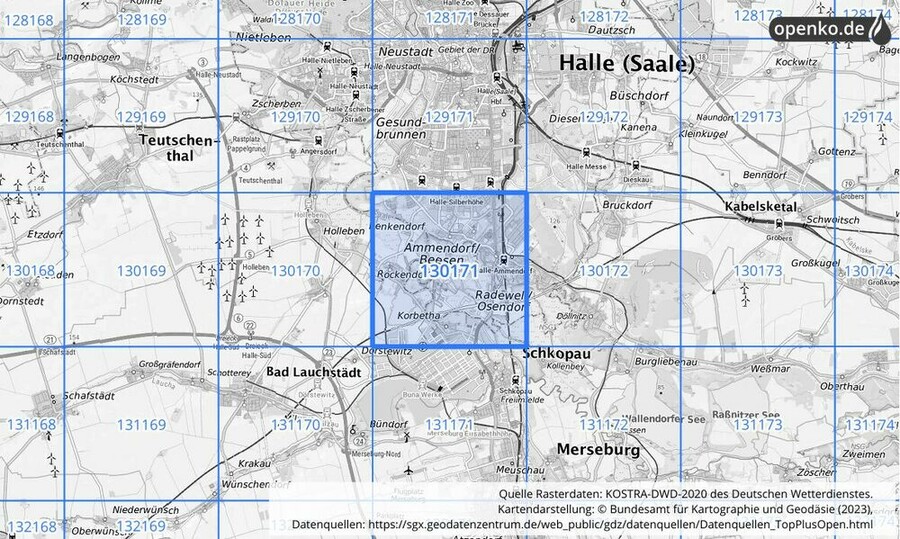 Übersichtskarte des KOSTRA-DWD-2020-Rasterfeldes Nr. 130171