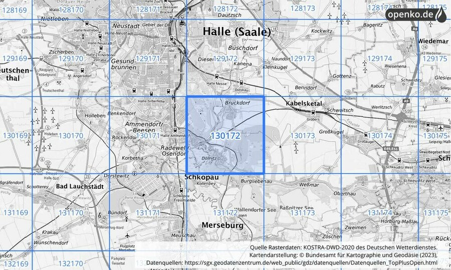 Übersichtskarte des KOSTRA-DWD-2020-Rasterfeldes Nr. 130172