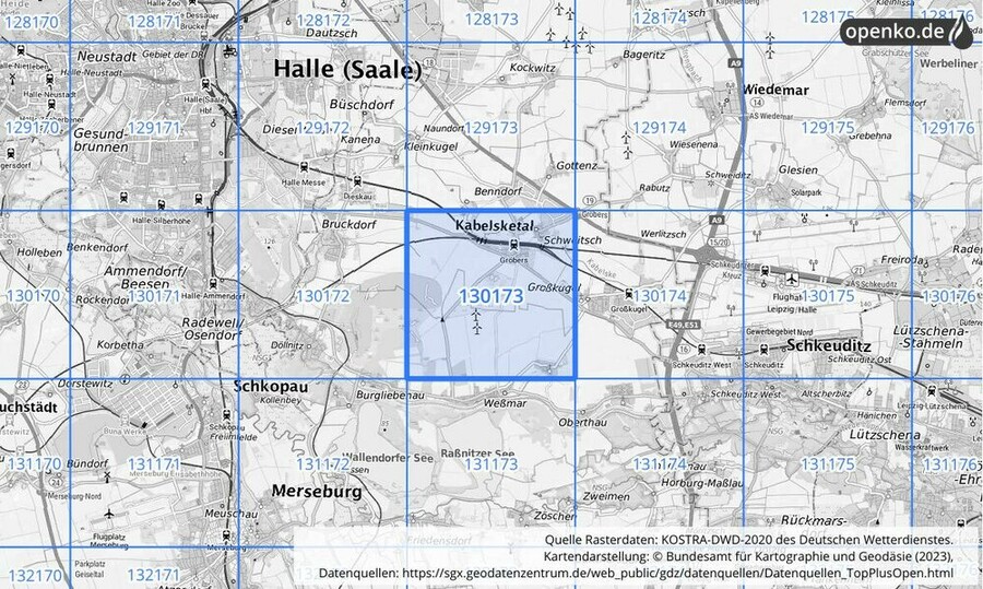 Übersichtskarte des KOSTRA-DWD-2020-Rasterfeldes Nr. 130173