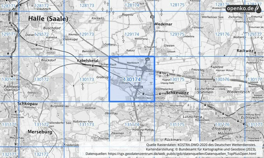 Übersichtskarte des KOSTRA-DWD-2020-Rasterfeldes Nr. 130174