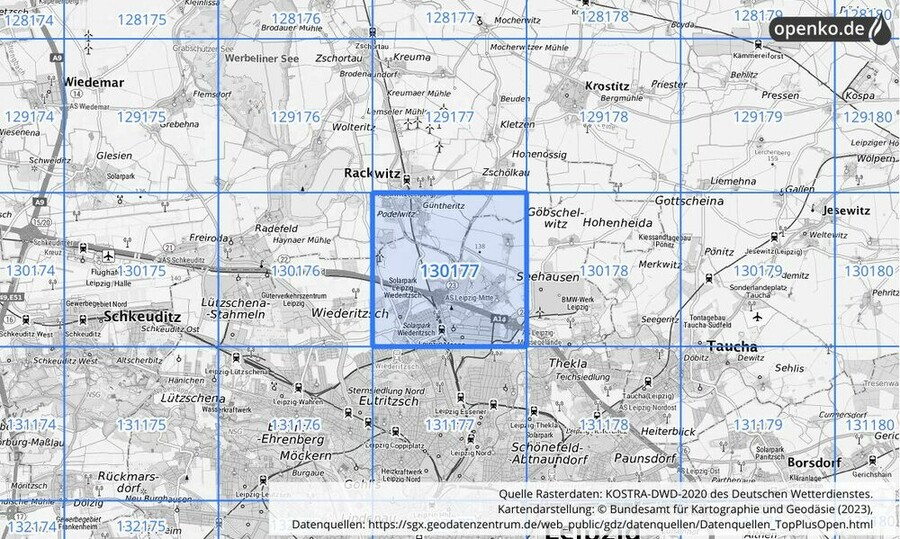 Übersichtskarte des KOSTRA-DWD-2020-Rasterfeldes Nr. 130177