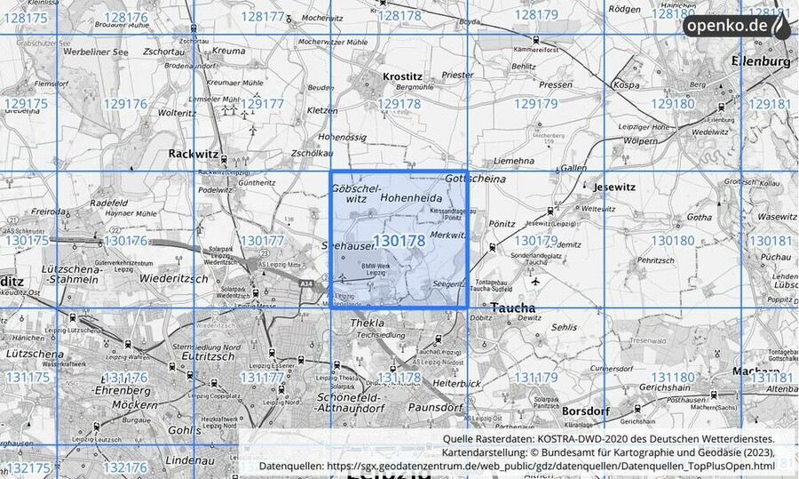 Übersichtskarte des KOSTRA-DWD-2020-Rasterfeldes Nr. 130178