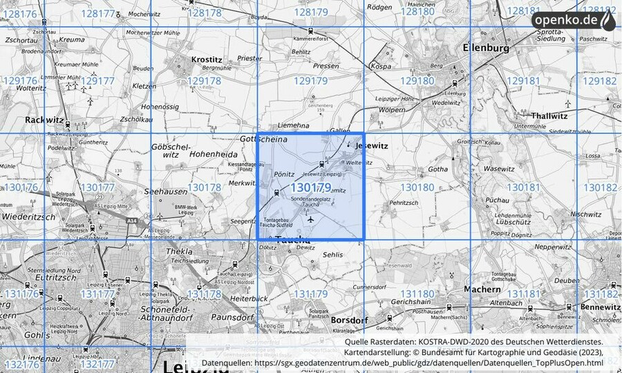 Übersichtskarte des KOSTRA-DWD-2020-Rasterfeldes Nr. 130179