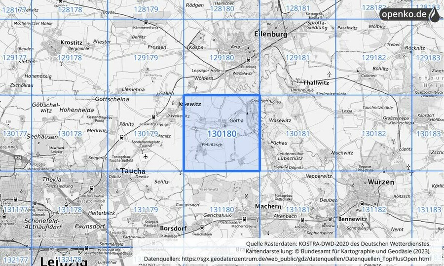 Übersichtskarte des KOSTRA-DWD-2020-Rasterfeldes Nr. 130180