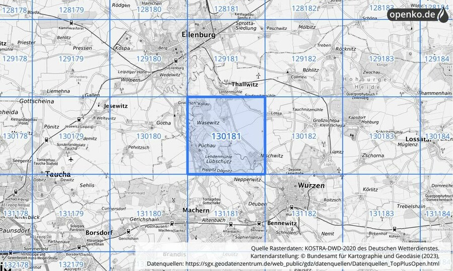 Übersichtskarte des KOSTRA-DWD-2020-Rasterfeldes Nr. 130181