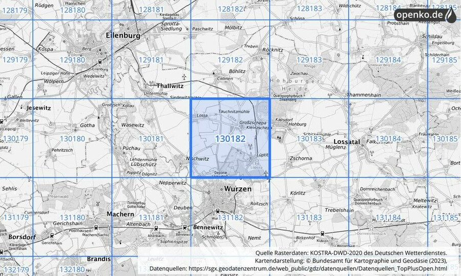 Übersichtskarte des KOSTRA-DWD-2020-Rasterfeldes Nr. 130182