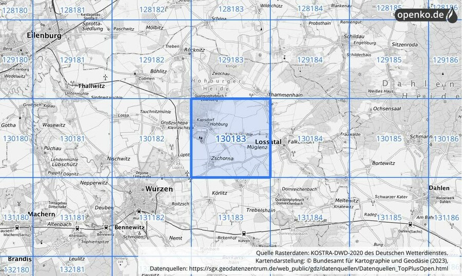 Übersichtskarte des KOSTRA-DWD-2020-Rasterfeldes Nr. 130183