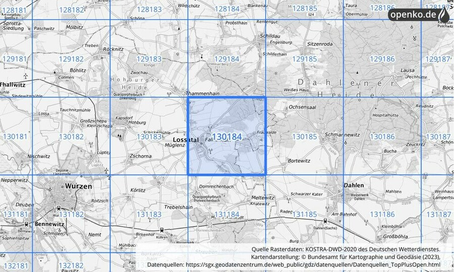 Übersichtskarte des KOSTRA-DWD-2020-Rasterfeldes Nr. 130184