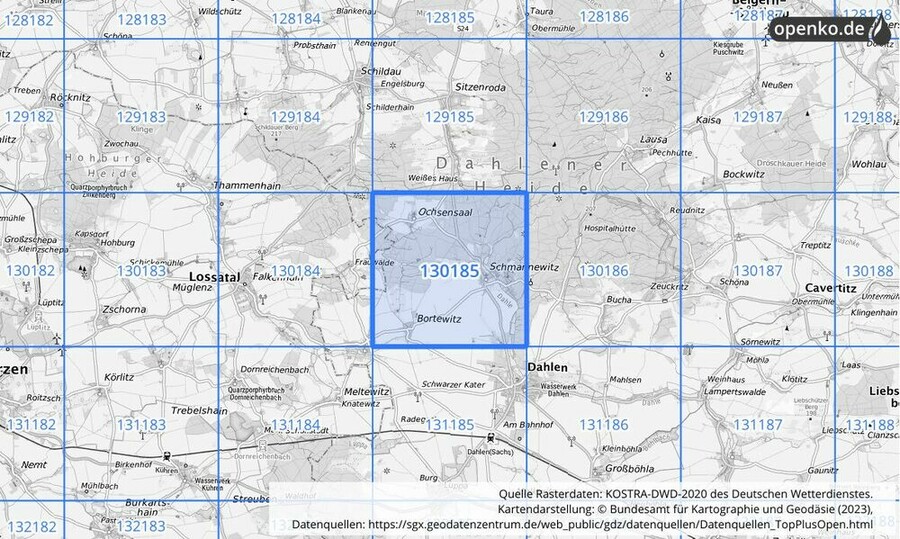 Übersichtskarte des KOSTRA-DWD-2020-Rasterfeldes Nr. 130185