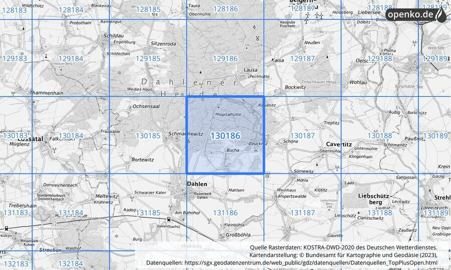 Übersichtskarte des KOSTRA-DWD-2020-Rasterfeldes Nr. 130186