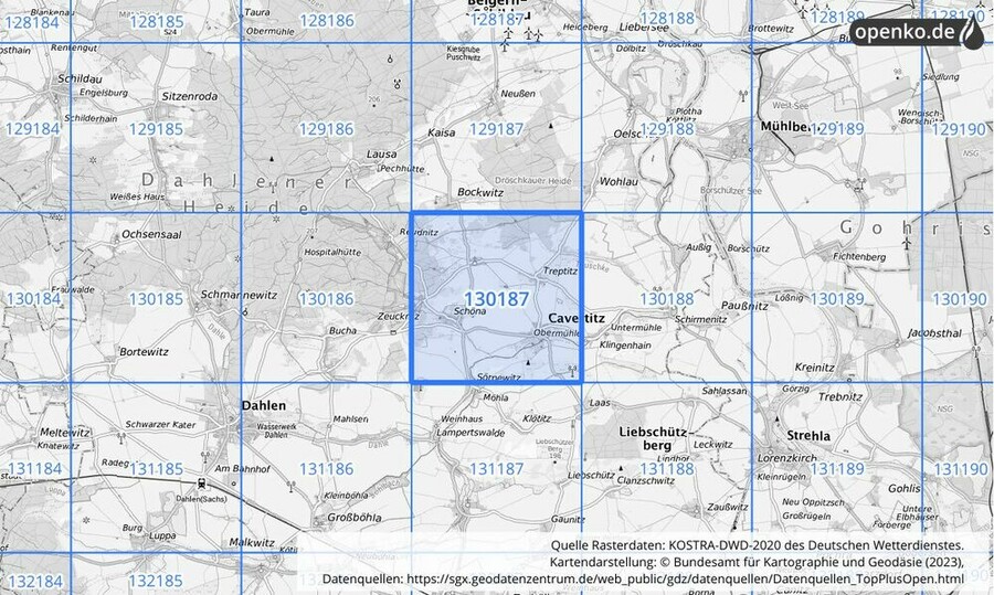 Übersichtskarte des KOSTRA-DWD-2020-Rasterfeldes Nr. 130187