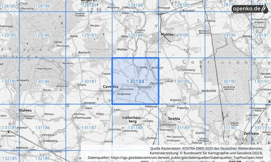 Übersichtskarte des KOSTRA-DWD-2020-Rasterfeldes Nr. 130188