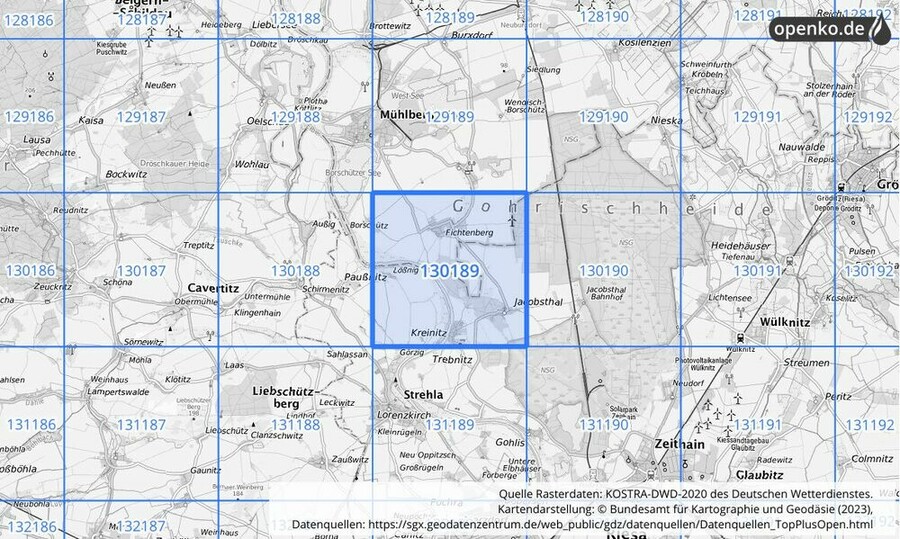 Übersichtskarte des KOSTRA-DWD-2020-Rasterfeldes Nr. 130189