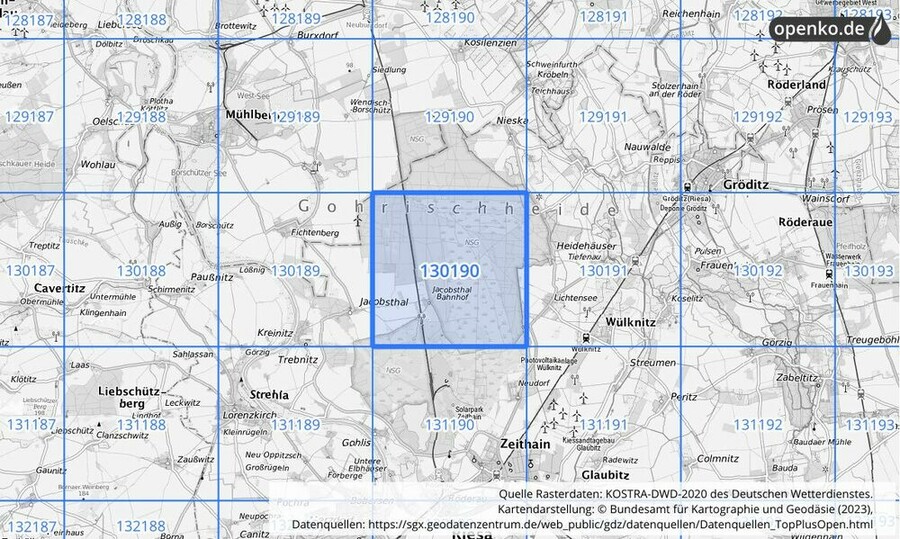 Übersichtskarte des KOSTRA-DWD-2020-Rasterfeldes Nr. 130190