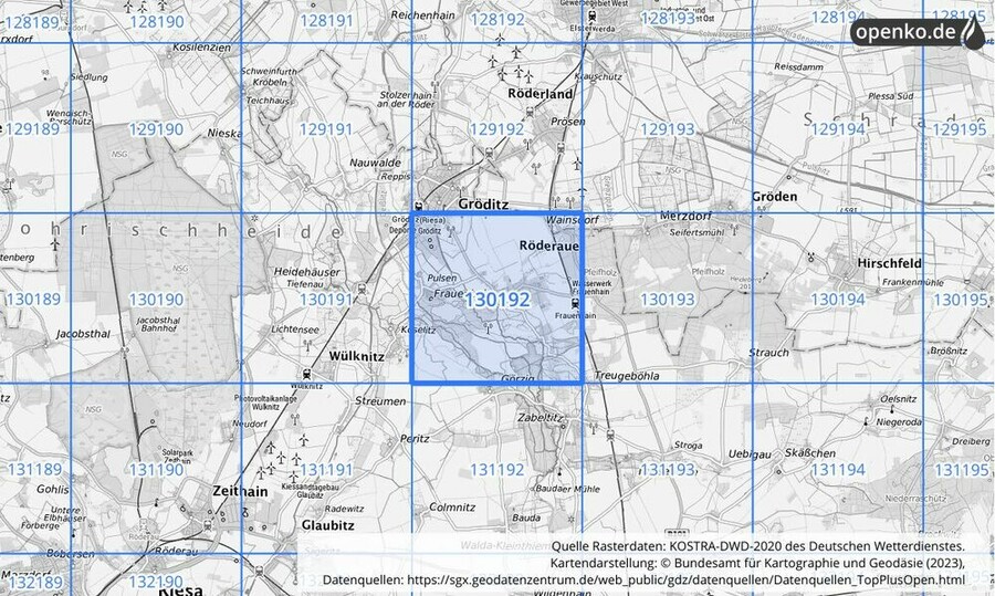 Übersichtskarte des KOSTRA-DWD-2020-Rasterfeldes Nr. 130192