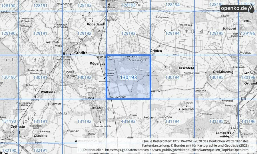 Übersichtskarte des KOSTRA-DWD-2020-Rasterfeldes Nr. 130193