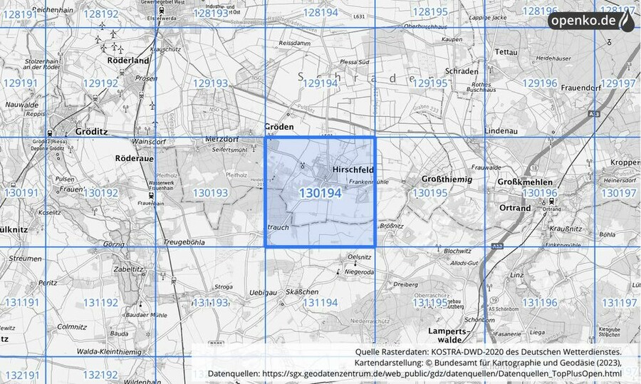 Übersichtskarte des KOSTRA-DWD-2020-Rasterfeldes Nr. 130194