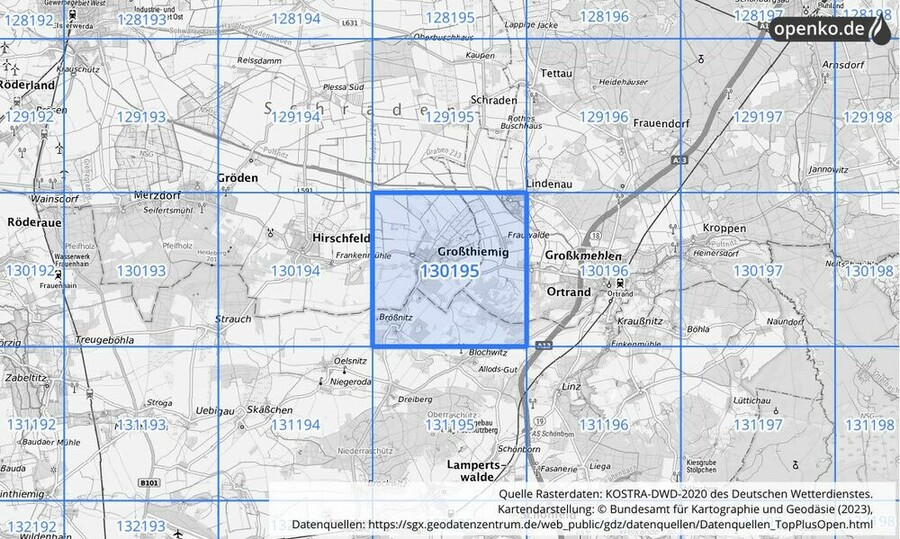 Übersichtskarte des KOSTRA-DWD-2020-Rasterfeldes Nr. 130195