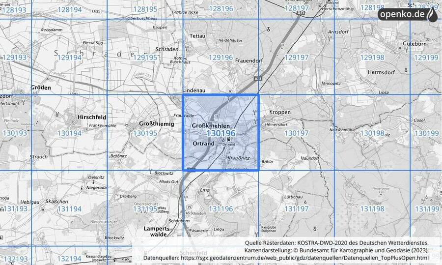 Übersichtskarte des KOSTRA-DWD-2020-Rasterfeldes Nr. 130196