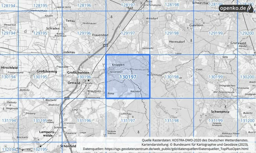 Übersichtskarte des KOSTRA-DWD-2020-Rasterfeldes Nr. 130197