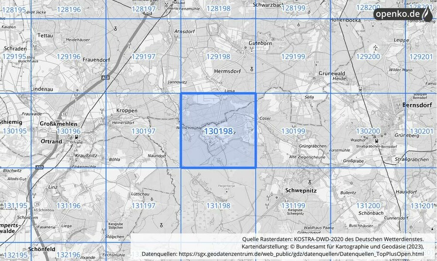 Übersichtskarte des KOSTRA-DWD-2020-Rasterfeldes Nr. 130198