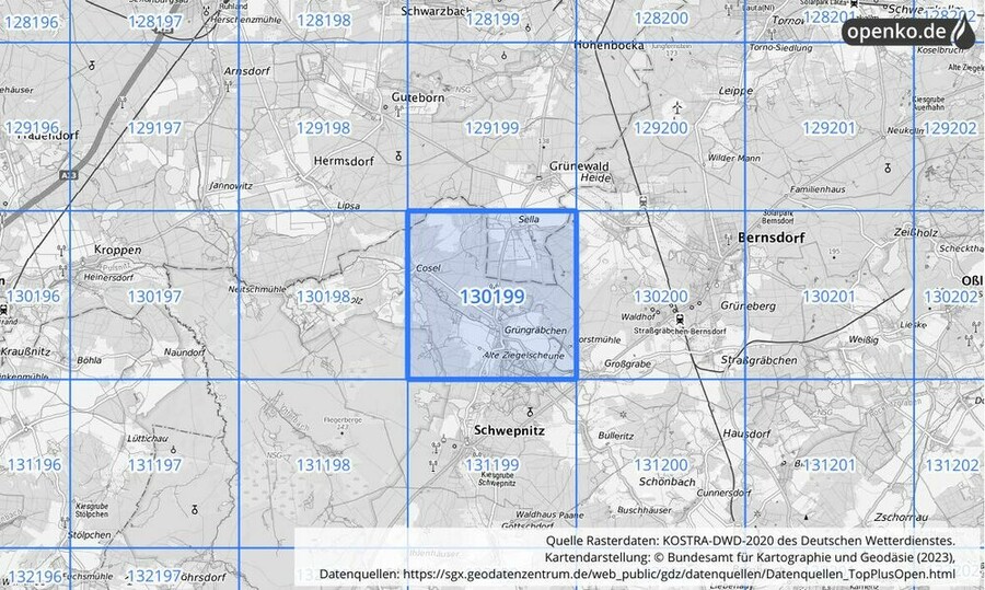 Übersichtskarte des KOSTRA-DWD-2020-Rasterfeldes Nr. 130199