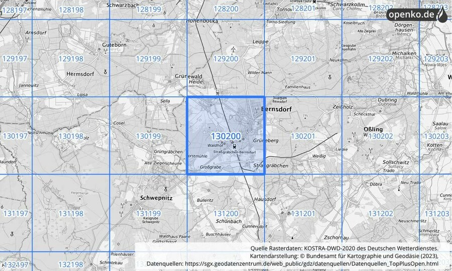 Übersichtskarte des KOSTRA-DWD-2020-Rasterfeldes Nr. 130200