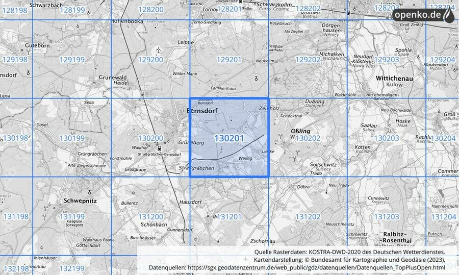 Übersichtskarte des KOSTRA-DWD-2020-Rasterfeldes Nr. 130201