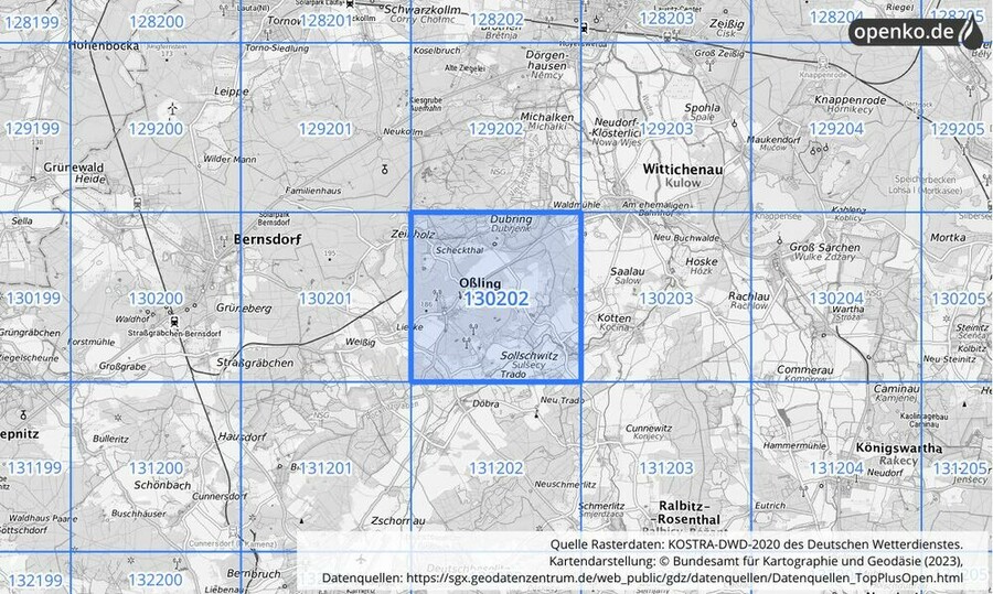 Übersichtskarte des KOSTRA-DWD-2020-Rasterfeldes Nr. 130202