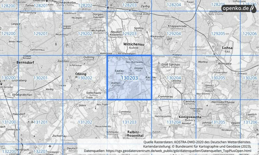 Übersichtskarte des KOSTRA-DWD-2020-Rasterfeldes Nr. 130203