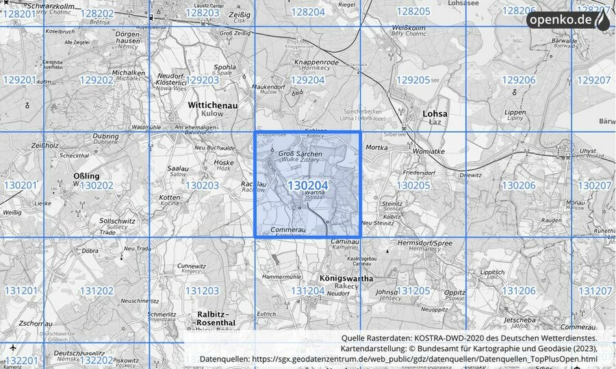 Übersichtskarte des KOSTRA-DWD-2020-Rasterfeldes Nr. 130204