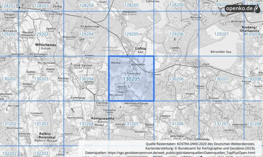 Übersichtskarte des KOSTRA-DWD-2020-Rasterfeldes Nr. 130205