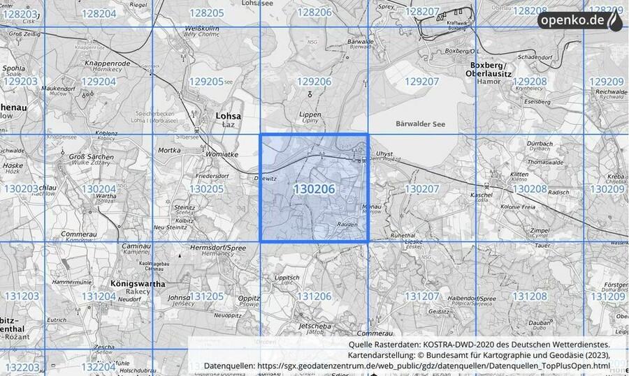 Übersichtskarte des KOSTRA-DWD-2020-Rasterfeldes Nr. 130206