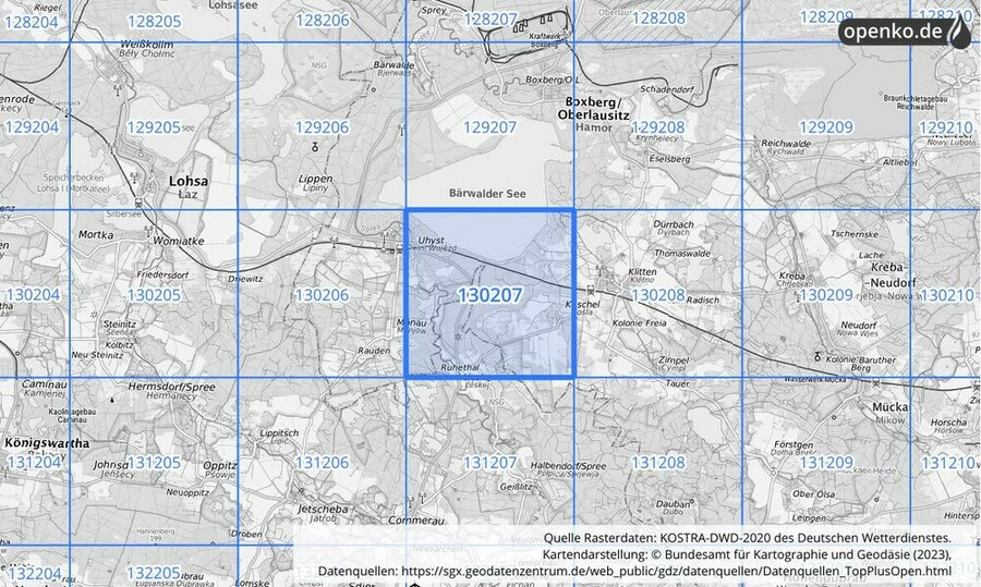 Übersichtskarte des KOSTRA-DWD-2020-Rasterfeldes Nr. 130207