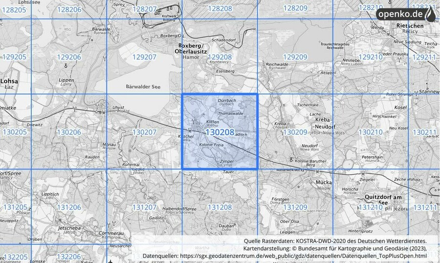 Übersichtskarte des KOSTRA-DWD-2020-Rasterfeldes Nr. 130208