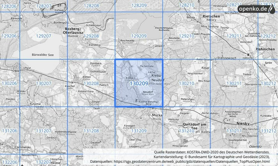 Übersichtskarte des KOSTRA-DWD-2020-Rasterfeldes Nr. 130209