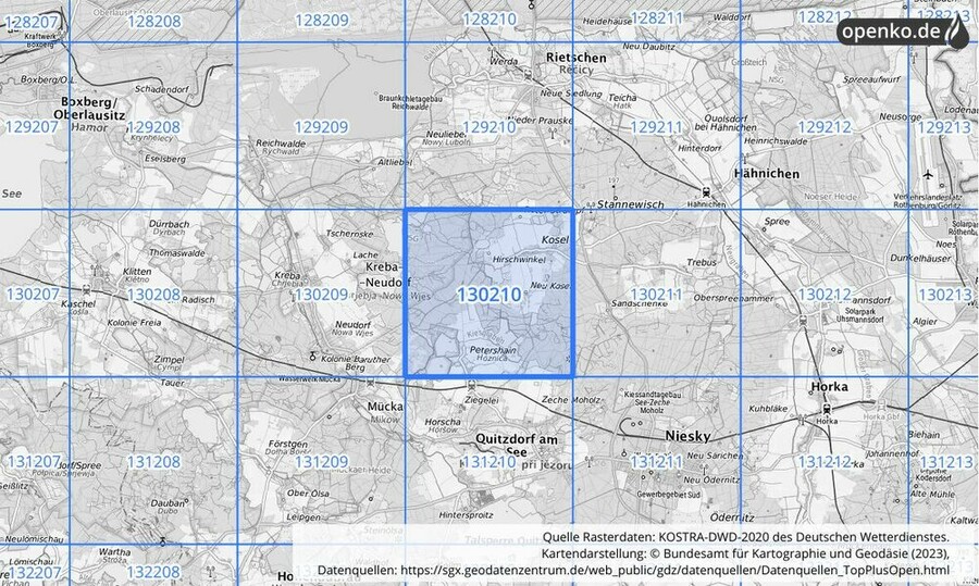 Übersichtskarte des KOSTRA-DWD-2020-Rasterfeldes Nr. 130210